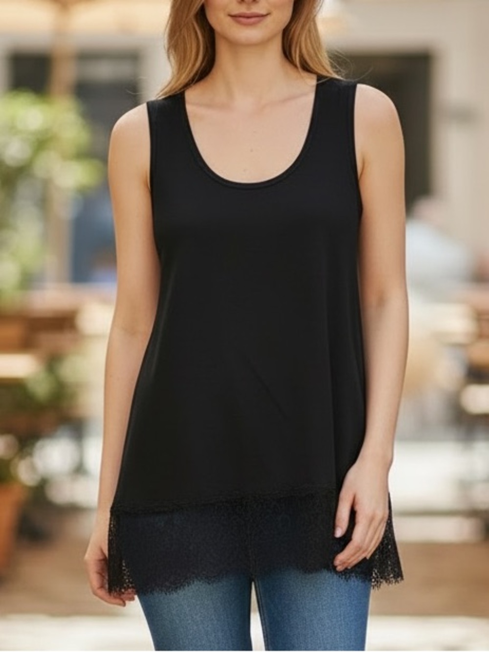 Soft Surroundings Black Scoop Neck Tank with Lace Hem
